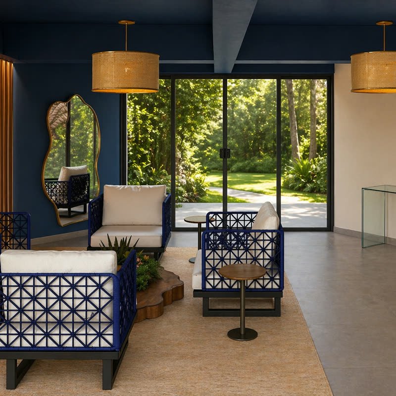 Varanda projetada com poltronas azuis, espelho orgânico e vista para o jardim