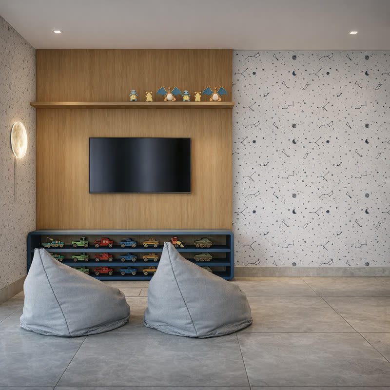 Brinquedoteca com painel de TV, nichos e papel de parede infantil